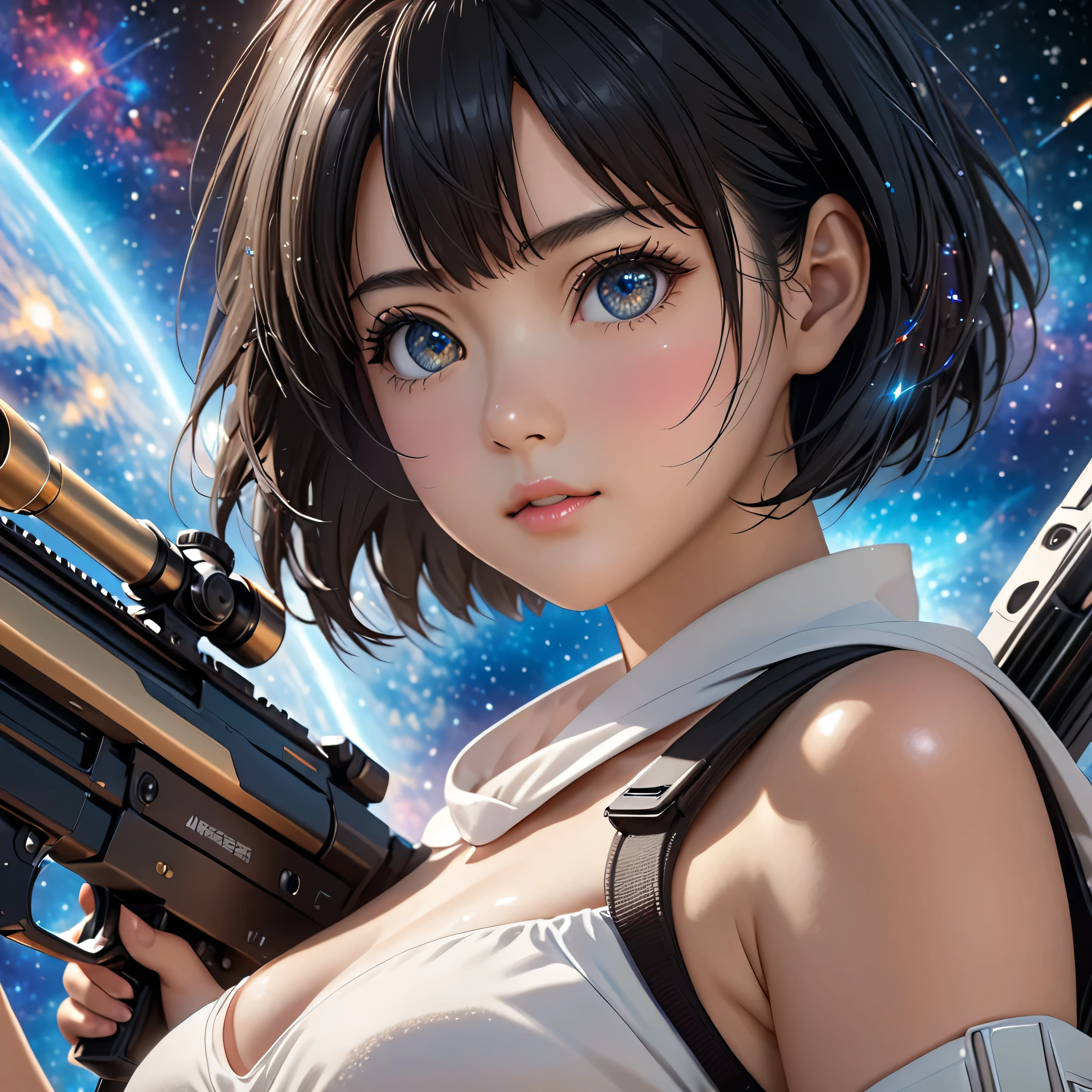 National Science Foundation,masterpiece,High resolution,8K,Art,digit,Three-dimensional,Realism,Kyoto Animation Style,your name movie style,cute,baby face,look into camera,Universe nebula background,(1 girl: 1.3),(alone: 1.4),(Upper body nudity),Holding a futuristic rifle and aiming,Close your right eye,Black hair,Long eyelashes,Long thin legs,Short Bob,Close-up of upper body,Close-up,Close up,Eyes as deep as the starry sky,Sharp eyes
