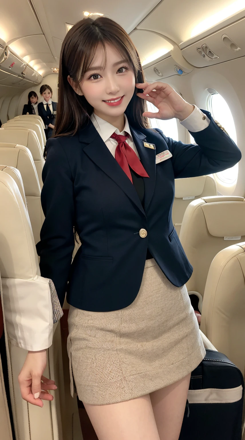 ​highest quality、table top、8k、best image quality、Award-winning work)、one beautiful woman、radiant beautiful skin , masterpiece、top-quality、The ultra -The high-definition、depth of fields、lens flare 1 girl、、brown hair, watching at viewers glares, large breasts , stewardess uniform, (ivory stewardess blazer:1.3),  shirt, short ivory skirt, (white high heels), perfect legs, model pose, view from below, smiling , flight cabin,
