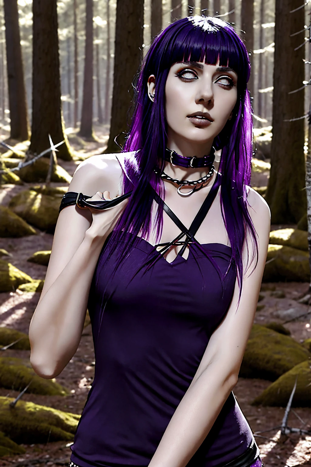 hyuuga hinata, cabelo roxo, pale skin, punk rock clothes, collar of thorns around the neck, thorn bracelets on wrists, in the middle of a forest