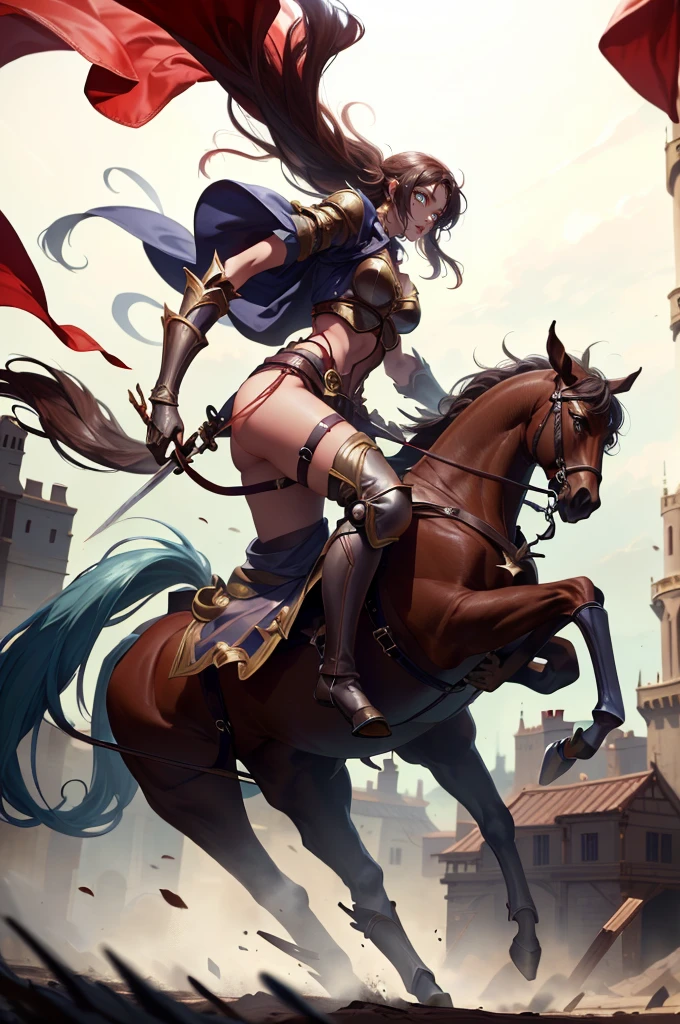 sexy swordsman knight woman riding on a horse on the battlefield, feet with leather boots
