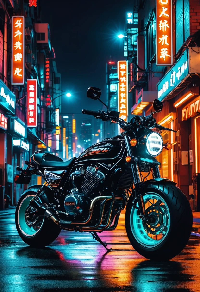 (motorcycle), On the city streets at night, 身穿黑色皮夹克的亚洲骑手驾驶着耀眼的定制哈雷戴维森motorcycle. Car lights pierce the darkness, The tire rubs against the ground, Let out a low roar. The background is a neon city night scene, whole body, (photography), panoramic, The award-winning, Stills, emotion, Vignette, Dynamic, vivid, (masterpiece, best quality, professional, Perfect composition, very aesthetic, absurd, Extremely detailed, Intricate details:1.3)