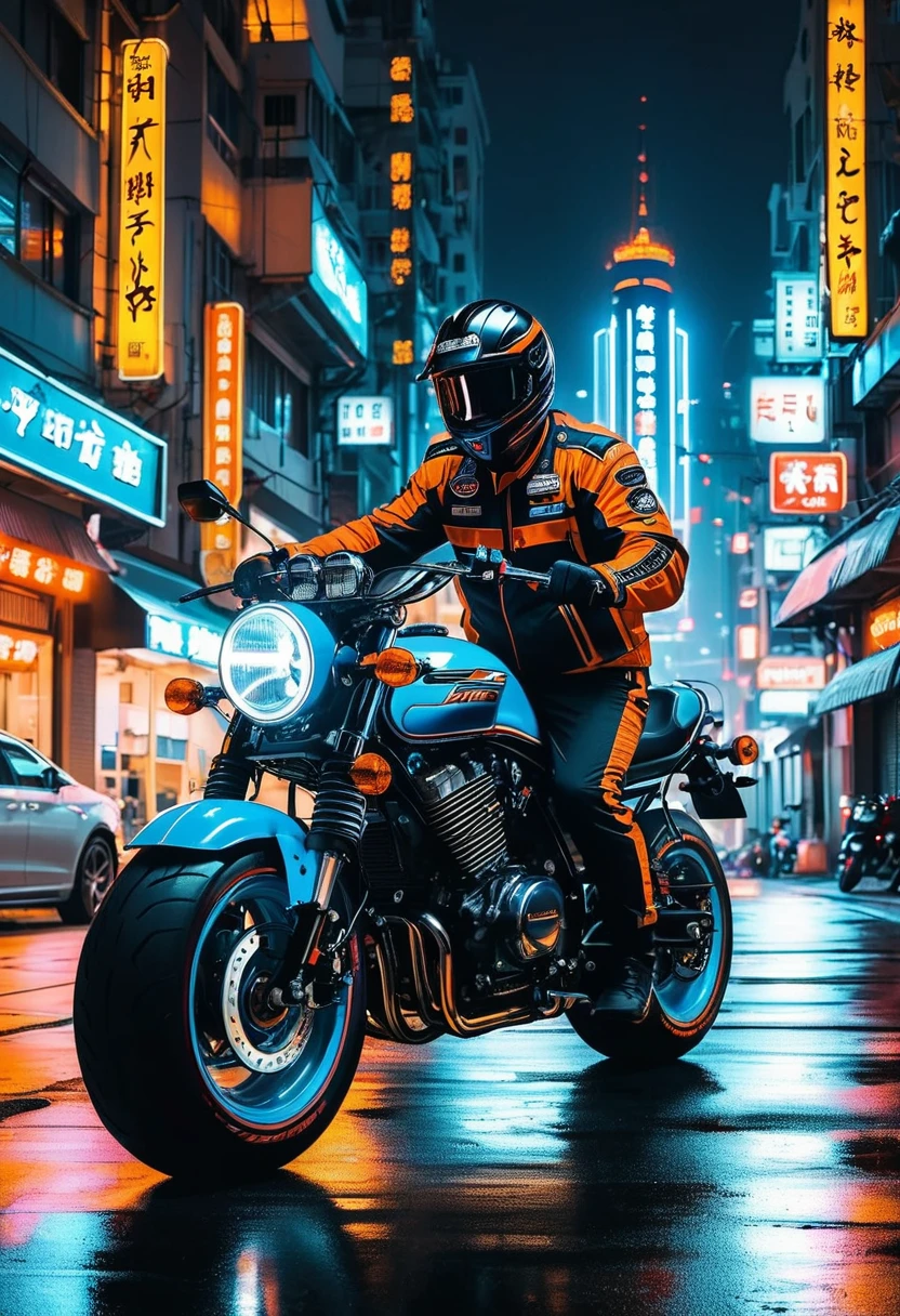 (motorcycle), On the city streets at night, 身穿黑色皮夹克的亚洲骑手驾驶着耀眼的定制哈雷戴维森motorcycle. Car lights pierce the darkness, The tire rubs against the ground, Let out a low roar. The background is a neon city night scene, whole body, (photography), panoramic, The award-winning, Stills, emotion, Vignette, Dynamic, vivid, (masterpiece, best quality, professional, Perfect composition, very aesthetic, absurd, Extremely detailed, Intricate details:1.3)