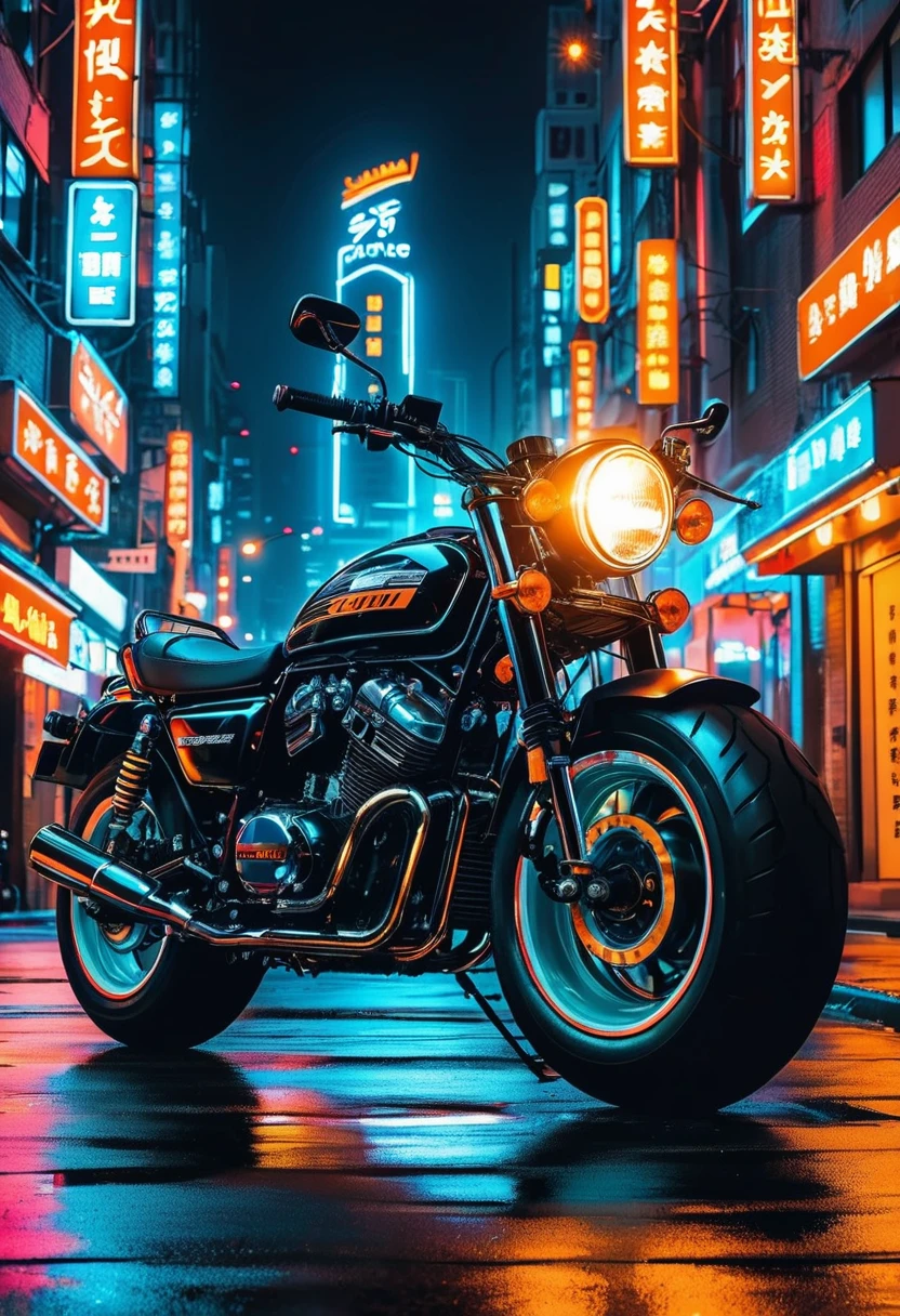 (motorcycle), On the city streets at night, 身穿黑色皮夹克的亚洲骑手驾驶着耀眼的定制哈雷戴维森motorcycle. Car lights pierce the darkness, The tire rubs against the ground, Let out a low roar. The background is a neon city night scene, whole body, (photography), panoramic, The award-winning, Stills, emotion, Vignette, Dynamic, vivid, (masterpiece, best quality, professional, Perfect composition, very aesthetic, absurd, Extremely detailed, Intricate details:1.3)