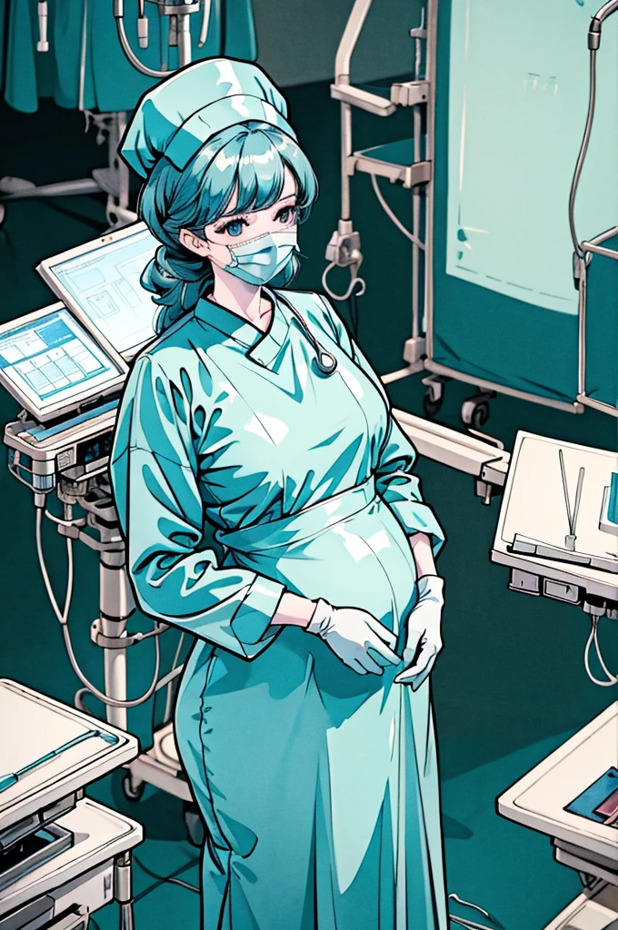 Score_9, Score_8_up, Score_7_up, source_anime, pale skin, surgical mask, surgical cap, long sleeve surgical gown,
1 girl, pregnant, solo, rubber gloves, looking down, frowning, operating bed, in the operating room, standing,