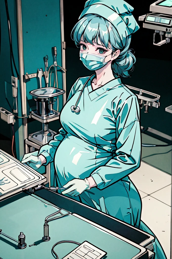 Score_9, Score_8_up, Score_7_up, source_anime, pale skin, surgical mask, surgical cap, long sleeve surgical gown,
1 girl, pregnant, solo, rubber gloves, looking down, frowning, operating bed, in the operating room, standing,