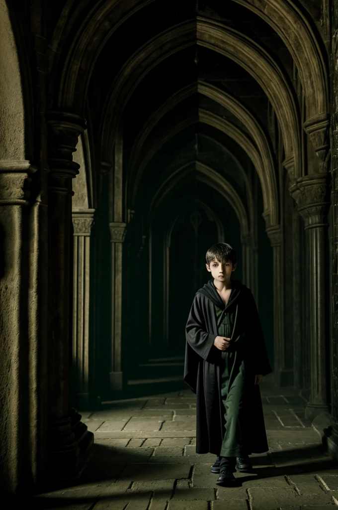 11 year old boy in a black robe, walking through the interior of a gothic castle decorating for Halloween and with a green mist