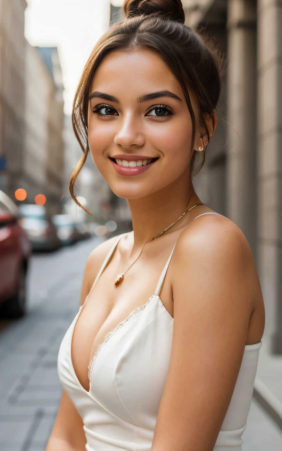 photography of 2 stunning girl, in the city, enjoying, girl, summer, hot girl, (((small bust))), brunette hair, hight bun, looks into the camera, symmetrical face, photorealistic, photography, spectacular lighting,, gorgeous, cleavage, western, (masterpice), best quality, high resolution, extremely detailed, skin with pores, blurred background, depth of field, cinematic lighting,smile