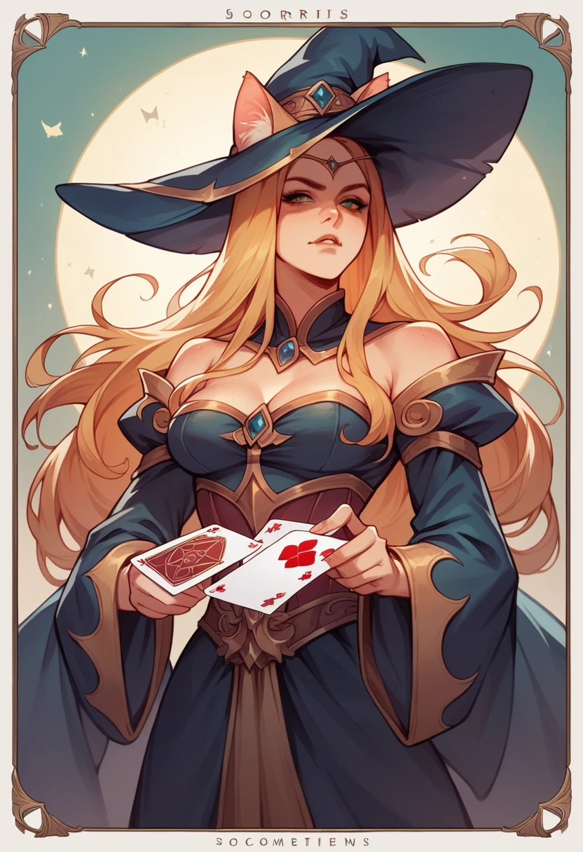 Asian Brunette Cat Girl, Blonde with Long Hair, Witch, Sorceress, daughter of darkness, full of powers, strong and imposing, war scene illustration, centred image, a single image on a single card, with golden Bronze and Silver borders,