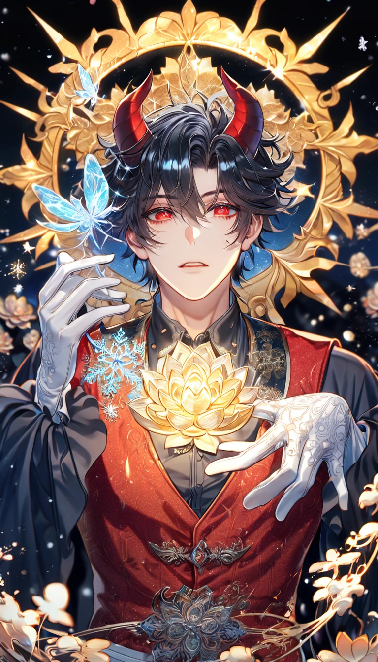 absurdres, highres, ultra detailed, HDR, master piece, best quality, delicated features, Dantalion, black hair, messy hair, expressive red eyes, horns, demon, Thousand Lotus, solo, sexy man, handsome, red vest, black shirt, white gloves, snowflakes, ice butterflies, starry sky, moonlight, magical, fantasy