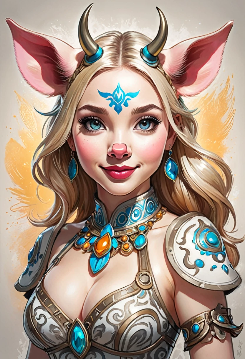 Create an illustrated, hand-drawn, full-color image of an humanoid, hybrid, anthropomorphic, sexy pig woman. The artwork should be rendered in the style of "Breath of the Wild," featuring warm lighting and shadows. Include graphite shading, stencil marks, and airbrushed acrylic paint effects. The image should be of the highest quality, a masterpiece with intricate details. cow nose, cow ears. The bovine woman should have a female, humanoid, appearance. She should have luscious lips, a wide smile, and bright, expressive eyes, exuding beauty, cuteness, and adorableness. Ensure the image is high resolution and sharply detailed, with a detailed and vibrant background. Scarlett Johanson, Alison Brie, Dove Cameron Incorporate mystical lighting in the background, creating a romantic and enchanting atmosphere.
