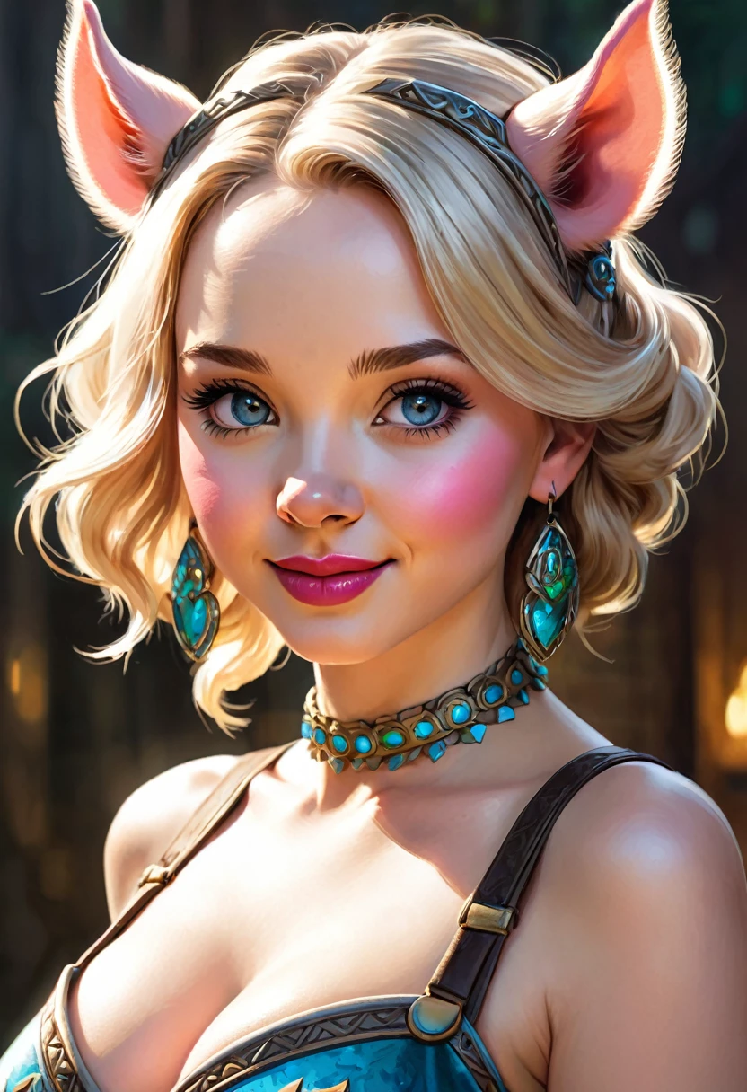 Create an illustrated, hand-drawn, full-color image of an humanoid, hybrid, anthropomorphic, sexy pig woman. The artwork should be rendered in the style of "Breath of the Wild," featuring warm lighting and shadows. Include graphite shading, stencil marks, and airbrushed acrylic paint effects. The image should be of the highest quality, a masterpiece with intricate details. cow nose, cow ears. The bovine woman should have a female, humanoid, appearance. She should have luscious lips, a wide smile, and bright, expressive eyes, exuding beauty, cuteness, and adorableness. Ensure the image is high resolution and sharply detailed, with a detailed and vibrant background. Scarlett Johanson, Alison Brie, Dove Cameron Incorporate mystical lighting in the background, creating a romantic and enchanting atmosphere.

