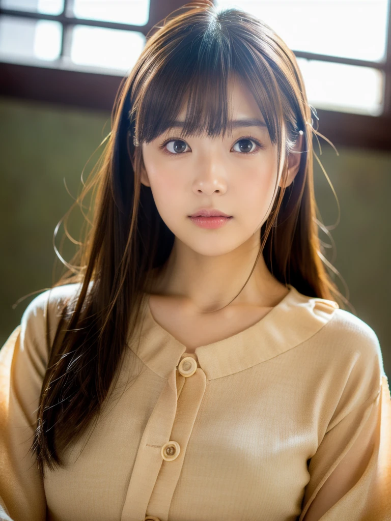 best quality, face focus, soft light, ultra high res, (photorealistic:1.4), RAW photo,
1japanese girl, solo, cute, (pupil, lights in the eyes),  detailed beautiful face, (small chest),(high resolution detail of human skin texture),
(long hair),
indoor,
Damask Shirt Dress,
(portrait)