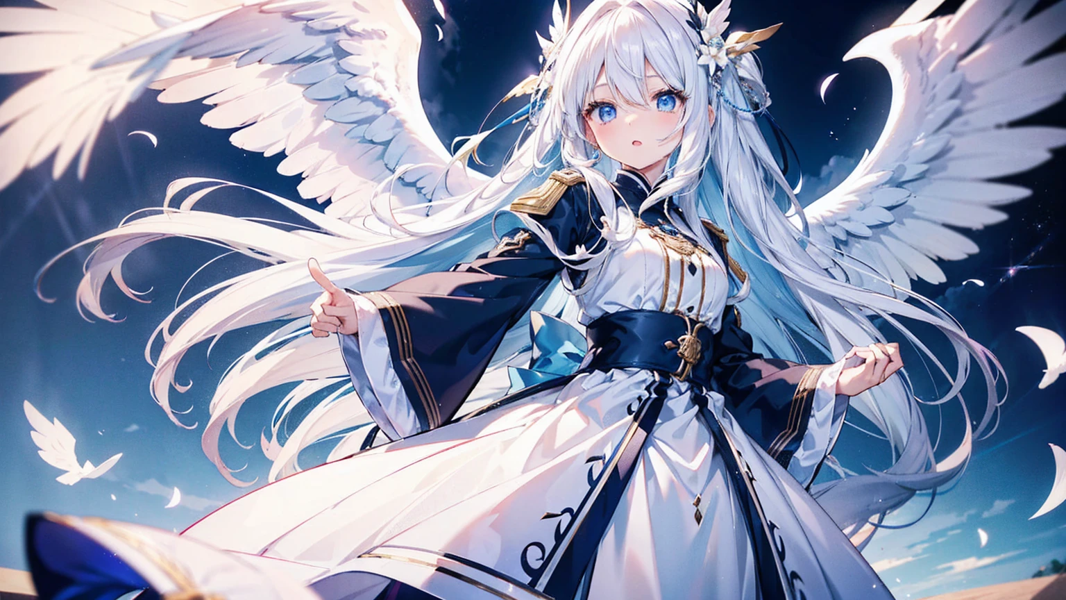 A pretty and cute girl with long white hair and blue eyes、14 Talents、Angel wings on the back、Mouth wide open、I'm surprised and my eyes are wide open、comical、Bright expression、A neat white dress