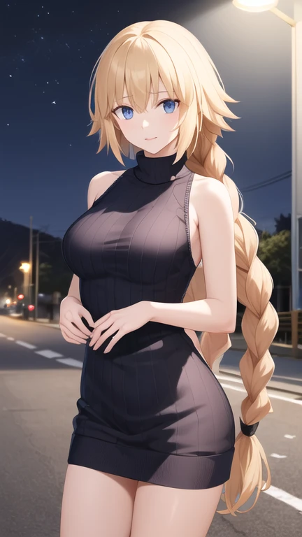 masterpiece, best quality, highres, aajd, long hair, single braid, long braid, sweater dress, ribbed sweater, sleeveless, standing, cowboy shot, night, street,