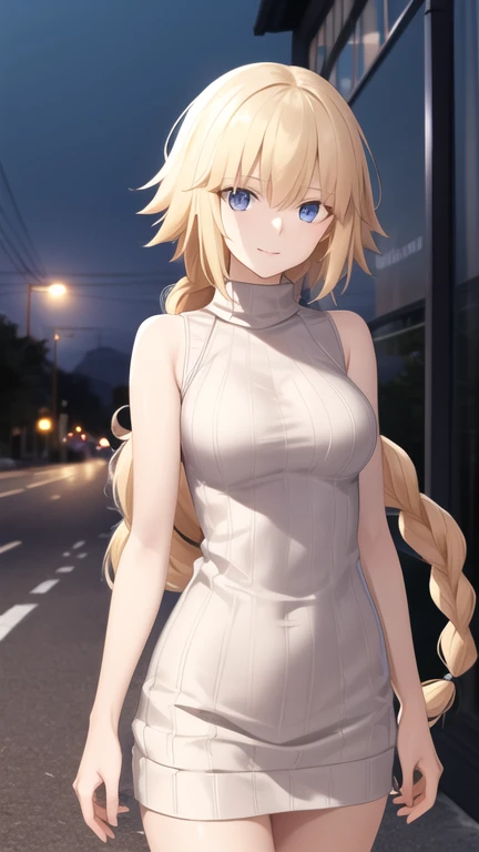 masterpiece, best quality, highres, aajd, long hair, single braid, long braid, sweater dress, ribbed sweater, sleeveless, standing, cowboy shot, night, street,