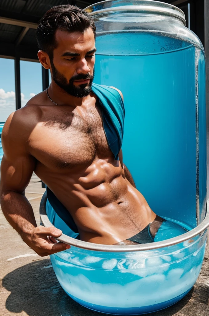 a man in a liquid container