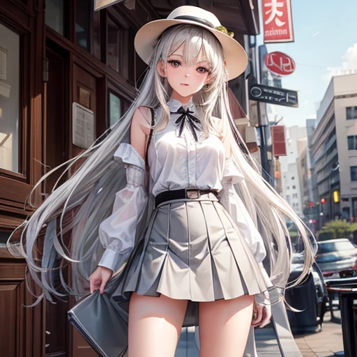 masterpiece, high quality, 最high quality, beautiful, High resolution, Perfect lighting, Detailed face, Detailed body, 1 Girl, alone, (Long white hair), Brown eyes, Medium chest, ((White underwear)), ((Grey short skirt)), (Grey hat), In front of the cafe,