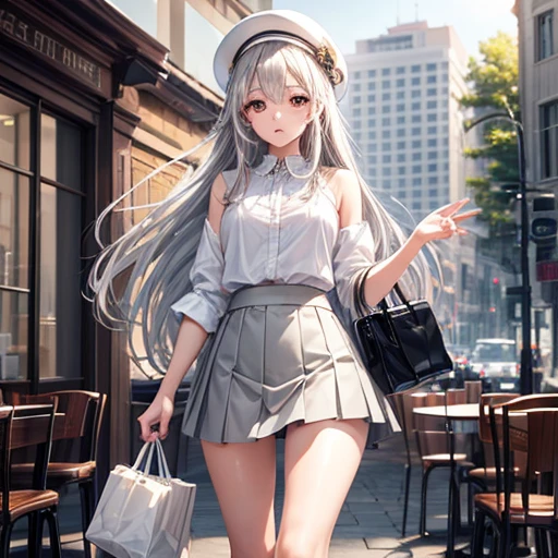 masterpiece, high quality, 最high quality, beautiful, High resolution, Perfect lighting, Detailed face, Detailed body, 1 Girl, alone, (Long white hair), Brown eyes, Medium chest, ((White underwear)), ((Grey short skirt)), (Grey hat), In front of the cafe,