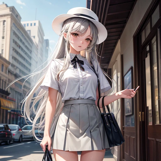 masterpiece, high quality, 最high quality, beautiful, High resolution, Perfect lighting, Detailed face, Detailed body, 1 Girl, alone, (Long white hair), Brown eyes, Medium chest, ((White underwear)), ((Grey short skirt)), (Grey hat), In front of the cafe,