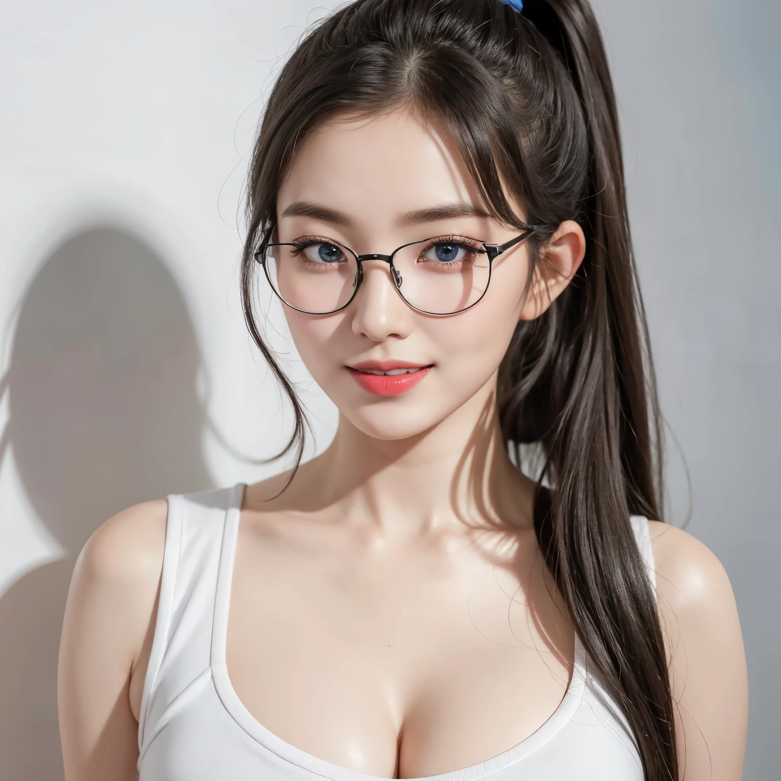 (Best quality, masterpiece, detailed), (RAW, 4k, hd images), shy, 1 girl, , white skin, long hair, ponytail, layers hair, bangs, black hair, beautiful girl, cute girl, sweet girl, pretty girl, perfect girl, perfect body, pretty eyes, blue eyes, thin lips, (eye line, lip stick soft), big , sexy , glasses(detailed frame), indoors, smile, tshirt clothes, sexy, white wall background, looking front, half body, expose cleavage