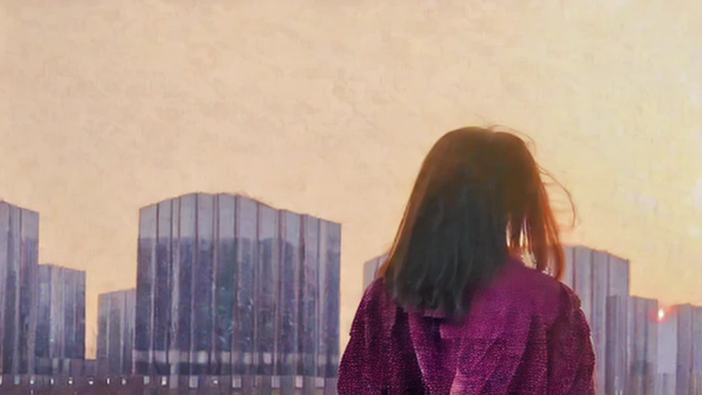 A 19-year-old Japanese woman is watching the sunset on the roof of a building. She is looking in the direction of the setting sun. She is leaning against the railing. Her back is turned to the front and her face is not visible. Her profile is also not visible. Her long hair is blowing in the wind.