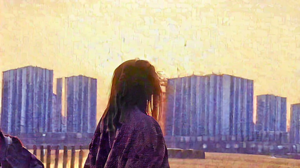 A 19-year-old Japanese woman is watching the sunset on the roof of a building. She is looking in the direction of the setting sun. She is leaning against the railing. Her back is turned to the front and her face is not visible. Her profile is also not visible. Her long hair is blowing in the wind.