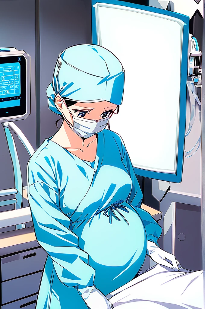 Score_9, Score_8_up, Score_7_up, source_anime, pale skin, surgical mask, surgical cap, long sleeve surgical gown,
1 girl, pregnant, solo, rubber gloves, looking down, frowning, operating bed, in the operating room, standing,