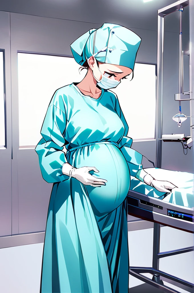 Score_9, Score_8_up, Score_7_up, source_anime, pale skin, surgical mask, surgical cap, long sleeve surgical gown,
1 girl, pregnant, solo, rubber gloves, looking down, frowning, operating bed, in the operating room, standing,