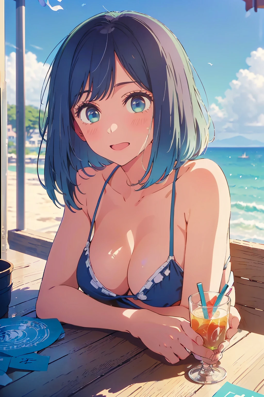 (Highest quality:1.4、masterpiece:1.4、Super detailed:1.4、8K:1.4)、F cup bust、Big Breasts、Slim body、((((1 person、Happy expression、sit、In the background are the urban buildings of Tokyo、looking at the camera、Outdoor café terrace、coastal、Navy hair color、Shooting from an oblique angle、juice、table、Very cute face))))、((nude、Areola、bikini size too small))、Very blue sky、A completely cloudless sky、Big eyes、((((Shallow depth of field))))