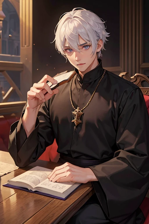 1male, calm, adult, age 35 face, short messy with bangs, white hair, amethyst colored eyes, royalty, prince, wears black clothing, in a castle, adult face, medieval times, close up, sitting at a table with a book, two hands, calm