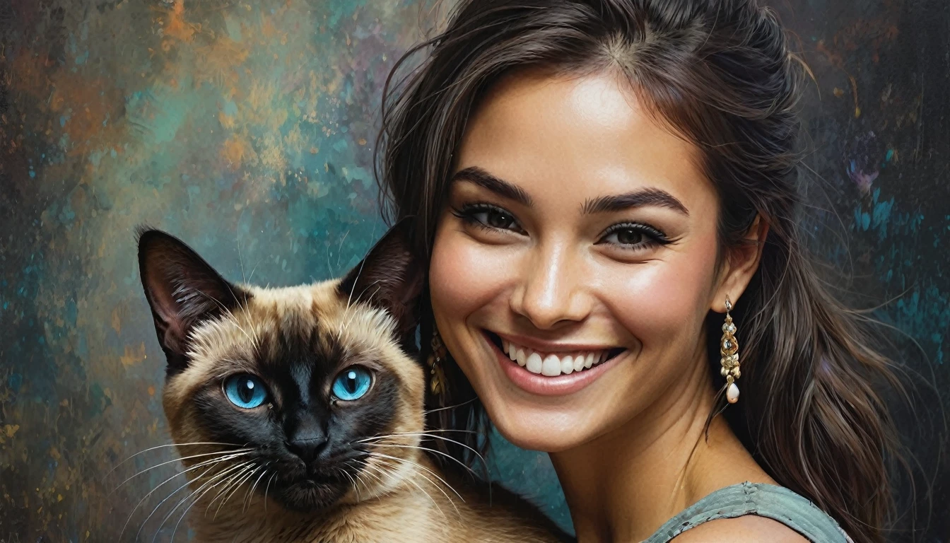 half body,
a woman smile with her best friend her Siamese cat,
dark complex background, style by Thomas Kinkade+David A. Hardy+Carne Griffiths+Mandy Disher half vivid colors fine art, best quality, high detailed, detailed faces, 2d,