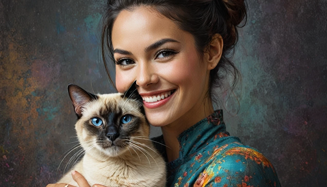 half body,
a woman smile with her best friend her Siamese cat,
dark complex background, style by Thomas Kinkade+David A. Hardy+Carne Griffiths+Mandy Disher half vivid colors fine art, best quality, high detailed, detailed faces, 2d,