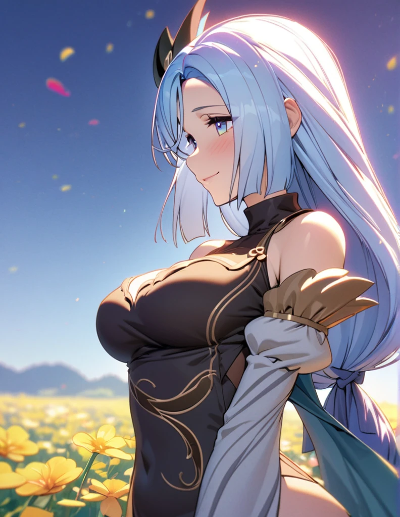 shenhe,  beautiful girl, long blue hair, beautiful face,smiling,close up to hips, beautiful medium breast, in the middle of flowers field, (open mouth:0.4),illustration,detailed textures(realists),ultra-detailed,portrait style,vivid colors,soft lighting, blushing, mature, hair fluttering, evening light, ((half body)), scantly clothes , no bra, ((side profile until hips)), ((mature)), 