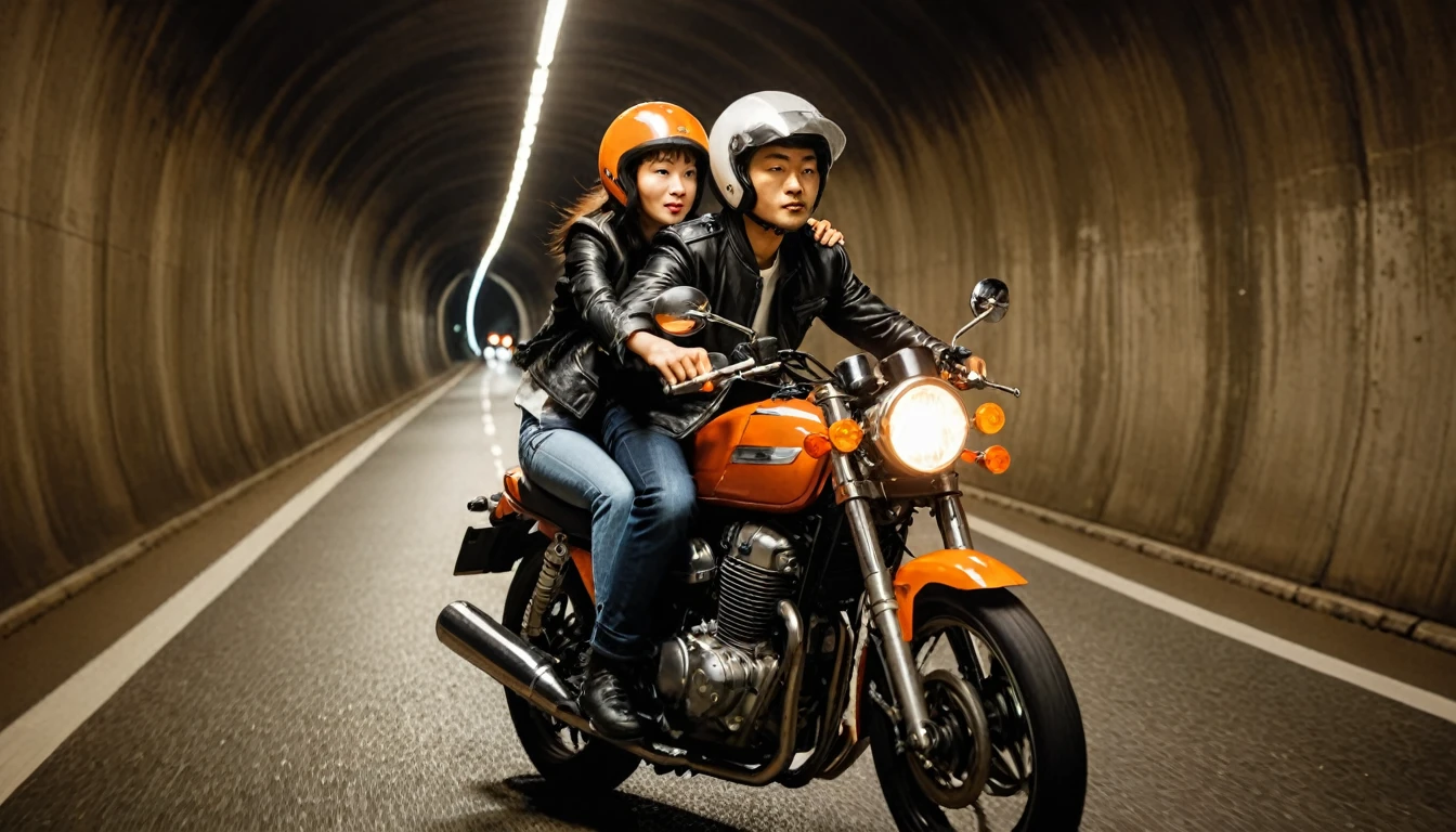 + a dramlikeart photo of a young japanese couple riding a motorcycle, male sits on the front controlling the motorcycle, and female sitting at the back hugging the male from behind, inside a tunnel, orange lighting from the tunnel lamps, motion blur, both wearing bicycle helmets,  composition 85 mm f 1. 8 lens with hasselblad photo by Wong Kar Wai in the style film In the mood for love, movie still, highly detailed Cinema, (((big depth of field)), (((mody lighting)), (((((very big high expression)))), (((((((cinematic)))))