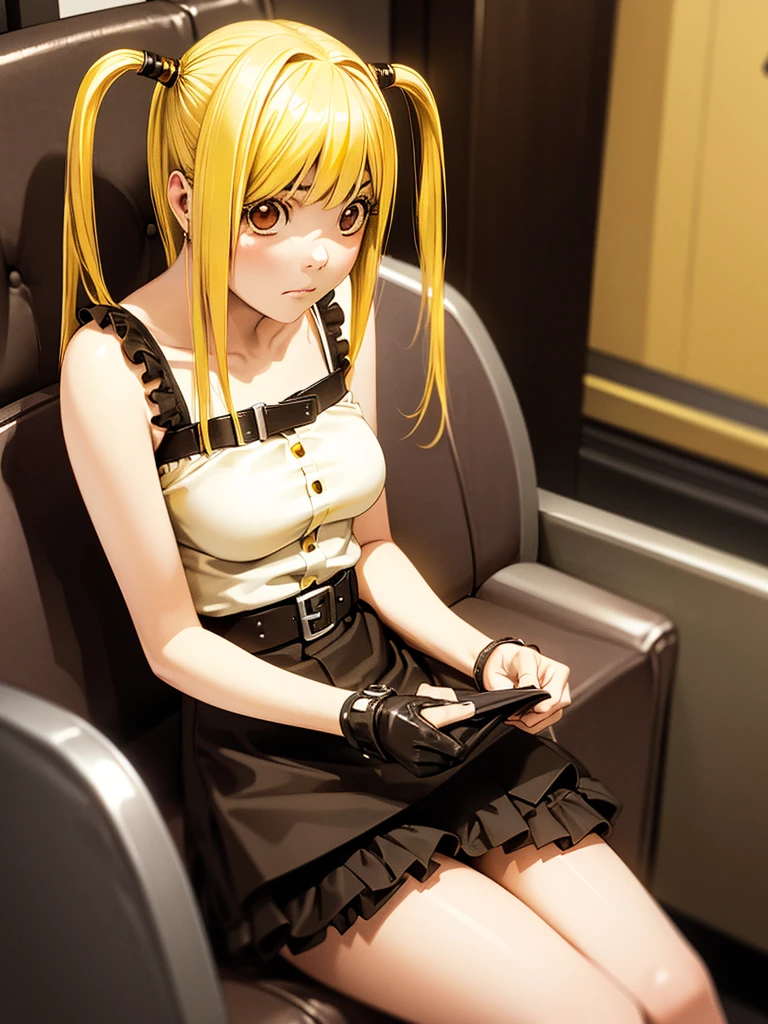 misa amane, twintails, (brown eyes:1.5), (yellow hair:1.5), sidelocks, long hair, misa amane, twintails, (red eyes:1.3), blonde hair, sidelocks, long hair, skirt, pantyhose, sleeveless, belt, cross, frilled skirt, gothic,in cafe,sitting sofa,bust up,frown