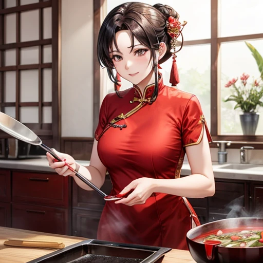 Mature Woman Red Chinese Dress Cooking using a wok