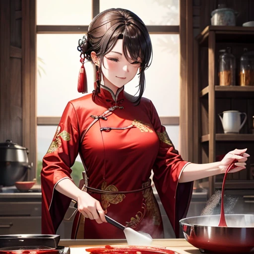 Mature Woman Red Chinese Dress Cooking using a wok