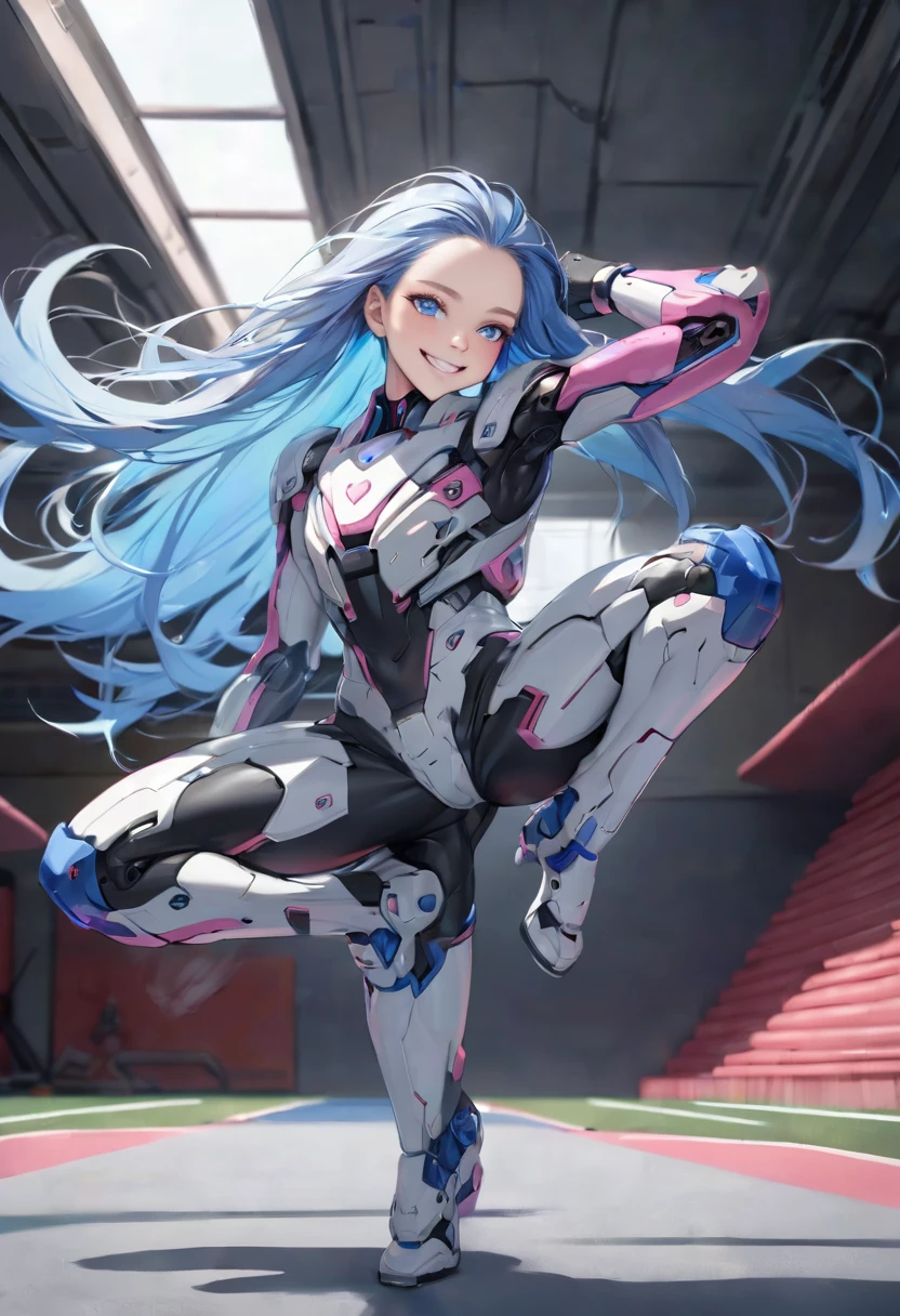 (battle style) (in a detailed beautiful Cyber ​​Battle Suit), ( yo, solo:2, forehead blue hair long hair lovely girl, cute blue eyes, grin smile, pink lip), (Preparing for a high kick), break, in the Training ground, BREAK, ((body is lightning effect)), perfect anatomy, masterpiece, best quality, 16k, beautiful detailed grow, daydreaming expression.