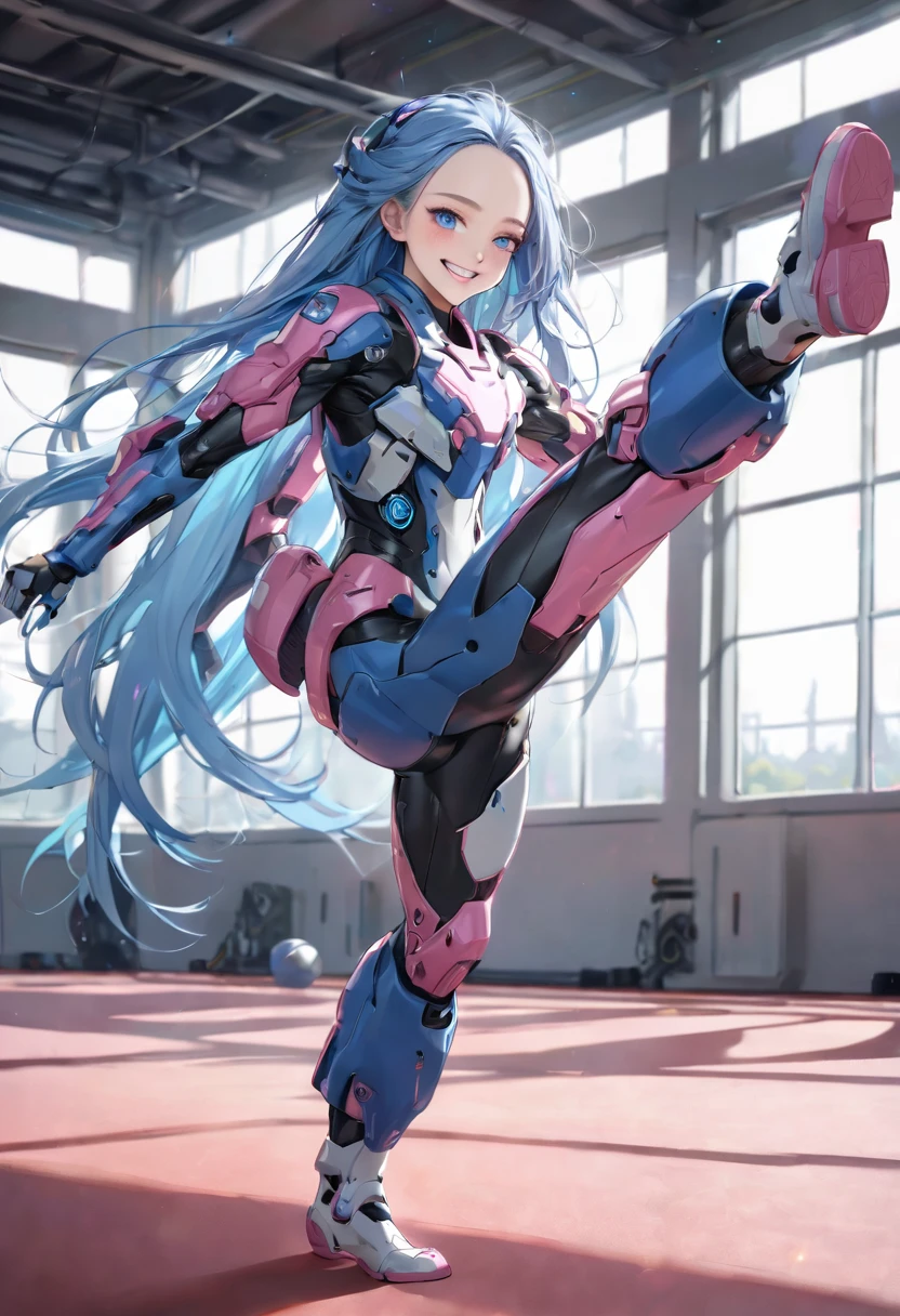 (battle style) (in a detailed beautiful Cyber ​​Battle Suit), ( yo, solo:2, forehead blue hair long hair lovely girl, cute blue eyes, grin smile, pink lip), (Preparing for a high kick), break, in the Training ground, BREAK, ((body is lightning effect)), perfect anatomy, masterpiece, best quality, 16k, beautiful detailed grow, daydreaming expression.