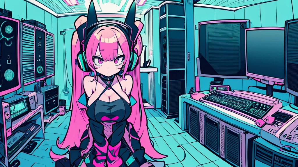 Best quality, (masterpiece), best detail face,1 girl, big breasts, 18 yo, 8k,absurdres,unity 8k wall paper,(extremely detailed:1.3), highest realistic, (retro headphones:), (soft neon light:), (psychedelic), Her room full of music equipment and plants, Light clothing in summer, See the whole room, She is leaving the room, natural color palette