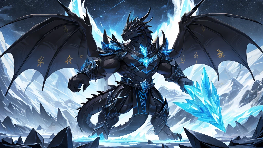 (The tyrannical and powerful Black Dragon King,Modern black and gold armor:2),(Large dragon body,Huge size,Majestic wingspan,Sharp thorns,Huge dragon claw,Huge paws,Thick dragon tail,The huge black dragon king,Black dragon:2),Strong physique,(Blue ice flame:2),Brutal Behemoth,war,glacier,Ice Dragon,Overwhelming presence,Full body picture,Very detailed,4k HD,HD Wallpapers