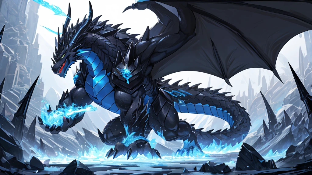 (The tyrannical and powerful Black Dragon King，Modern black and gold armor：2)，(Large dragon body，Huge size，Majestic wingspan，Sharp thorns，Huge dragon claw，Huge paws，Thick dragon tail，The huge black dragon king，Black dragon：2)，Strong physique，(Blue ice flame：2)，Brutal Behemoth，war，glacier，Ice Dragon，Overwhelming presence，Full body picture，Very detailed，4k HD，HD Wallpapers