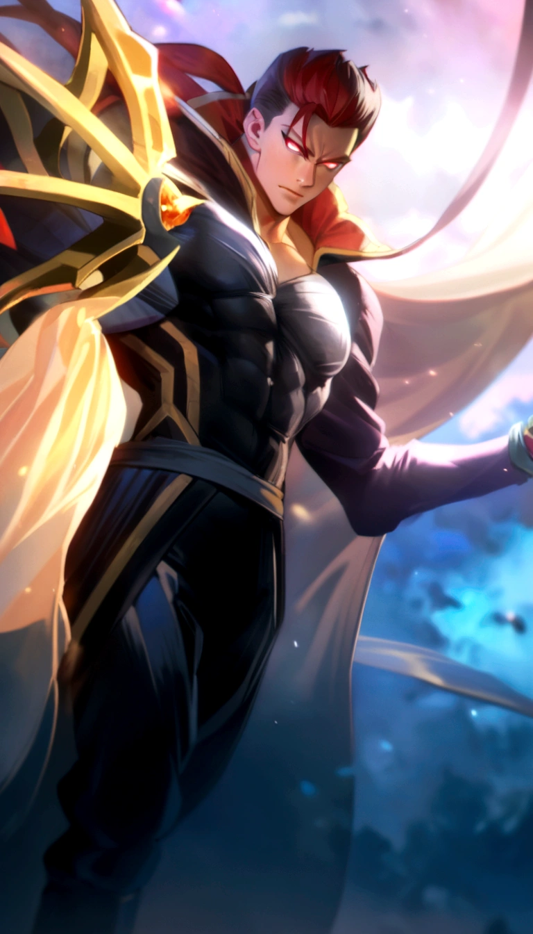 An 8k masterpiece, highest resolution, every detail, meticulous detail, depth of field, bright colors, beautiful composition: stunning take on an anime character Gohan with brilliant red hair and beautifully detailed glowing eyes, standing against a dark and ominous background. This handsome demon slayer is the epitome of bad guys in the world of fantasy art.