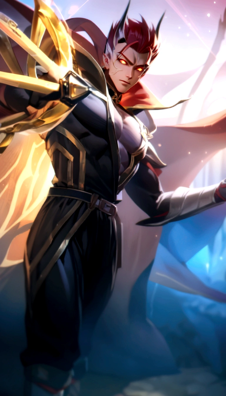 An 8k masterpiece, highest resolution, every detail, meticulous detail, depth of field, bright colors, beautiful composition: stunning take on an anime character Gohan with brilliant red hair and beautifully detailed glowing eyes, standing against a dark and ominous background. This handsome demon slayer is the epitome of bad guys in the world of fantasy art.