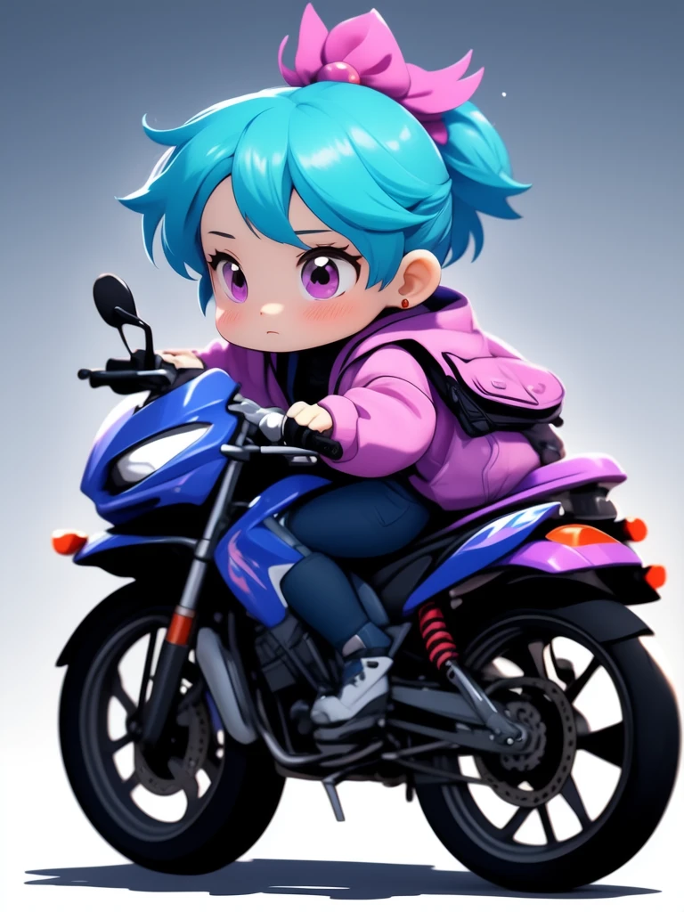 kawj,chibi,1girl, solo, ground vehicle, shorts, motor vehicle, shoes, jacket, earrings, jewelry, multicolored hair, helmet, ponytail, bag, blue hair, gradient hair, helmet removed, blue shorts, sneakers, socks, long sleeves, pink footwear, purple eyes, full body, pink hair, hair ornament, motorcycle, sweater, backpack, pink jacket,