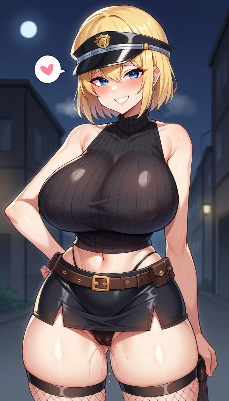 score_9, score_8_up, score_7_up, score_6_up, outdoor, night,
BREAK
source_anime,
BREAK
1girl, blue eyes, blonde hair, medium bob, elect big nipple, huge breasts, smile, spoken heart,
sexy police, sleeveless sweater, black sweater, pencil mini Skirt, thong, navel, peaked cap, belt, fishnet thighhighs,
tall, leggy, glistened skin, oiled skin, shiny skin, heavy breathing, wide hips, tight waist, thick thighs,
pussy juice, pussy,
standing,