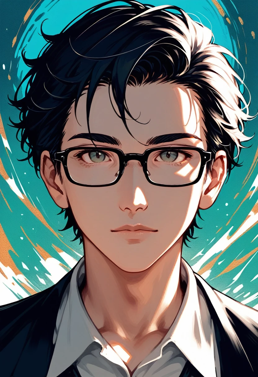 score_9, score_8_superior, score_7_superior, score_6_superior, score_5_superior, score_4_superior, Simple and cool, Simple and abstract characters, Illustration Style, 2.5D, Delicate and dynamic depiction, Face-only portrait, A cool guy wearing big glasses that don't fit his face, Warm and gentle light effect, Soft color effect