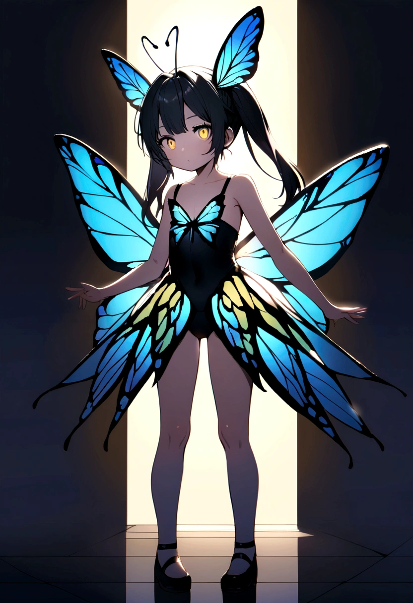 Butterfly fairy girl, black hair tied in two long pigtails, yellow eyes, has 2 butterfly antennae on her head, blue wings with black edges, wears tight black swimsuit-like clothes, black shoes tied with black bow.