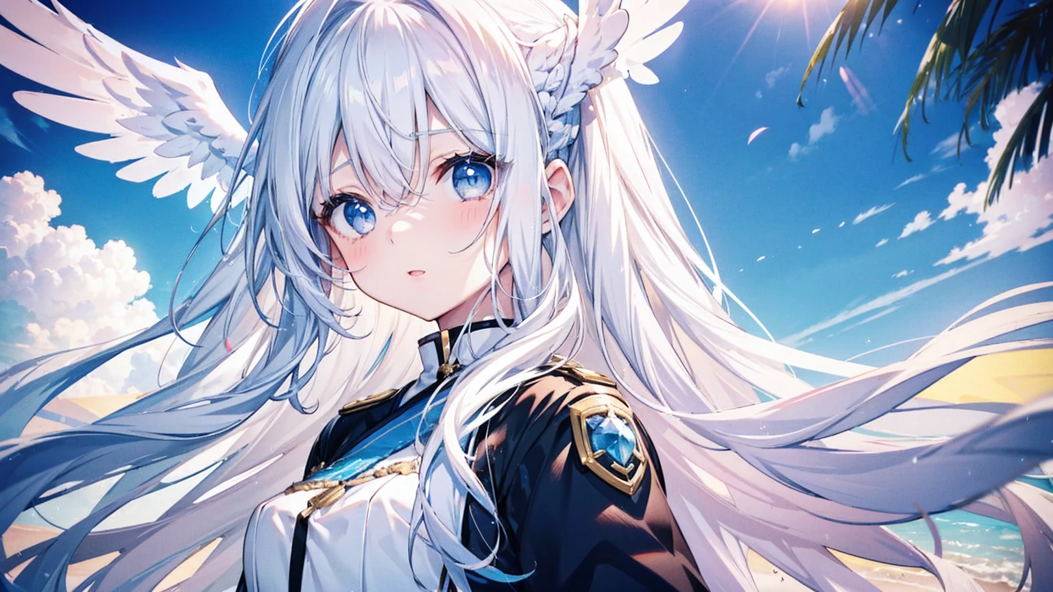 A pretty and cute girl with long white hair and blue eyes、14 Talents、Angel wings on the back、Mouth wide open、I'm surprised and my eyes are wide open、comical、Bright expression、A modern Japanese one-piece dress in white