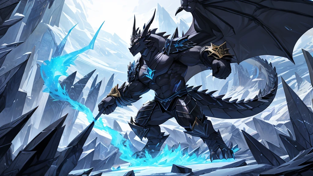 (The tyrannical and powerful Black Dragon King，Modern black and gold armor：2)，(Large dragon body，Huge size，Majestic wingspan，Sharp thorns，Huge dragon claw，Huge paws，Thick dragon tail，The huge black dragon king，Black dragon：2)，Strong physique，(Blue ice flame：2)，Brutal Behemoth，war，glacier，Ice Dragon，Overwhelming presence，Full body picture，Very detailed，4k HD，HD Wallpapers